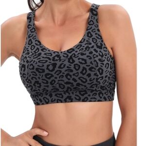 Running Girl Charcoal Leopard Print Cutout Back Athletic Sports Bra L